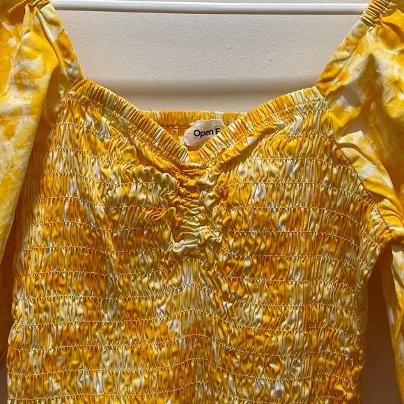 Open Edit Yellow Ballon Puff Sleeve Smocked Top with Floral Print L - Picture 7 of 8